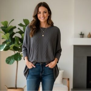 Three Bird Nest Gray Textured Knit Dolman Slouchy Pullover Sweater size M